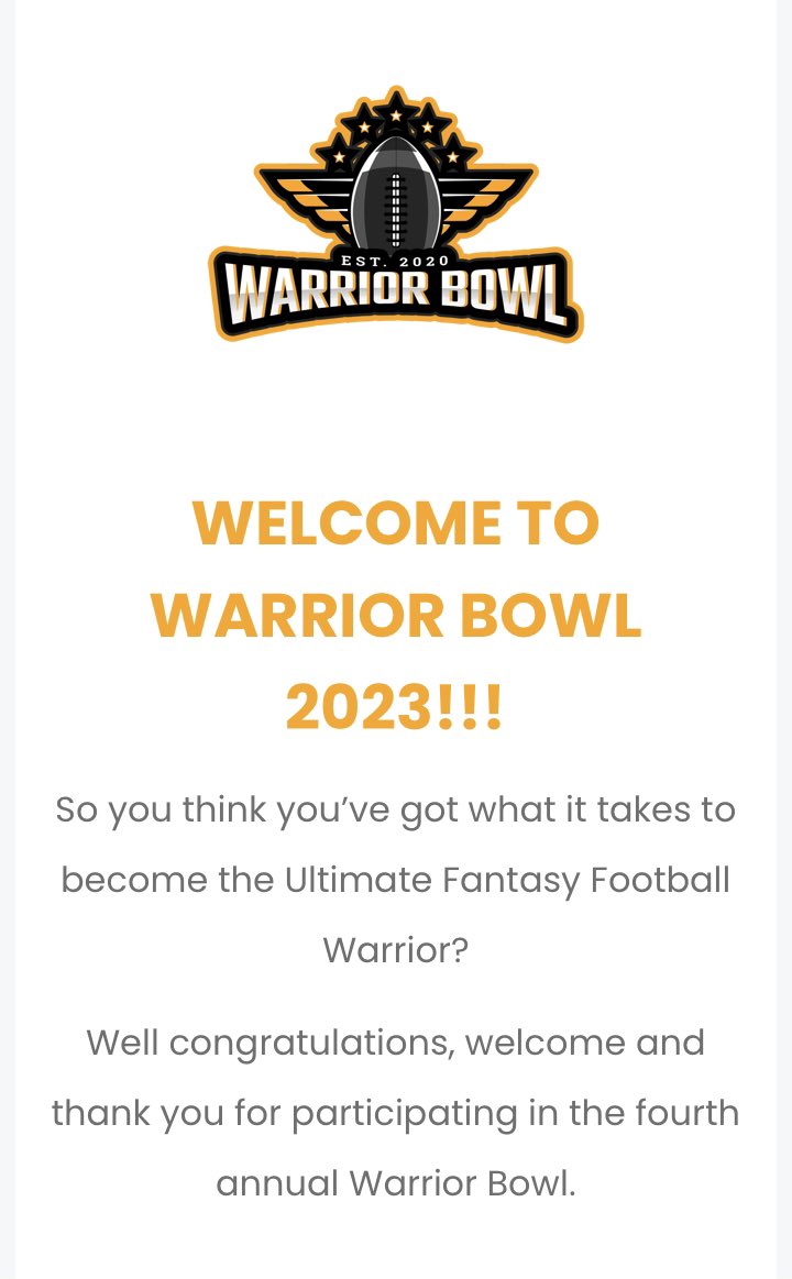 Super excited to get into the #WB2023 for the first time! Let’s do this! <a href="/WarriorBowl/">Warrior Bowl</a>
