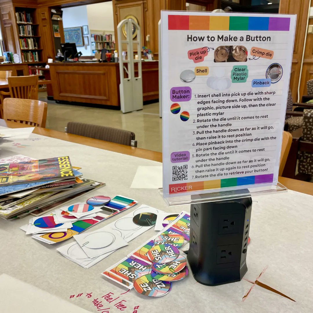 RickerLibraryUI's tweet photo. Our most anticipated activity is finally up! Button making is now available, come in and craft to your heart's content. We can't wait to see what buttons are proudly pinned up on your shirt and bag!

#PRIDE #LGBTQ #button #buttonmaking #UIUC #RickerLibrary https://t.co/3j1B3QEM3N