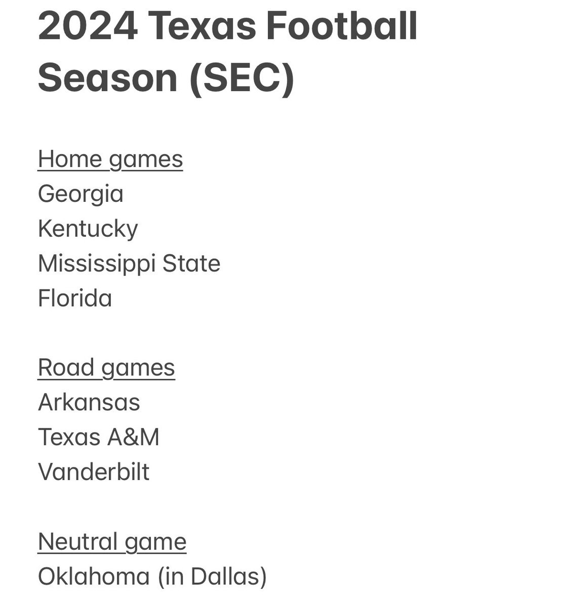 LonghornHumor's tweet photo. The SEC just released the @TexasFootball 2024 season schedule. #HookEm 🤘 https://t.co/uLW7ZPv1en