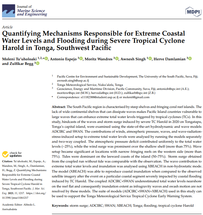 New paper analysing the mechanisms leading to extreme water levels and #coastalflooding during #TCHarold in #Tonga. Great work from PhD student and deputy director of @TongaMetService Moleni Tu'uholoaki. Check it out - doi.org/10.3390/jmse11…