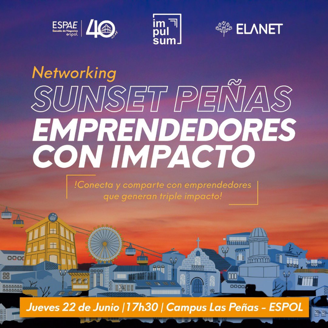 ImpulsumEc's tweet photo. 🌅 𝑆𝑢𝑛𝑠𝑒𝑡 𝑃𝑒𝑛̃𝑎𝑠 𝑏𝑦 𝐼𝑀𝑃𝑈𝐿𝑆𝑈𝑀 - 𝐸𝑆𝑃𝐴𝐸

Te invitamos a conocer experiencias de Emprendedores con Impacto. 

🗓️: Jueves 22 de junio de 2023
⏰ : 17H30
📍: Campus Las Peñas - ESPOL
🚙 Disponibilidad de parqueo

Info y registros: https://t.co/ADSDybAqFp https://t.co/7IYyvLwDdg