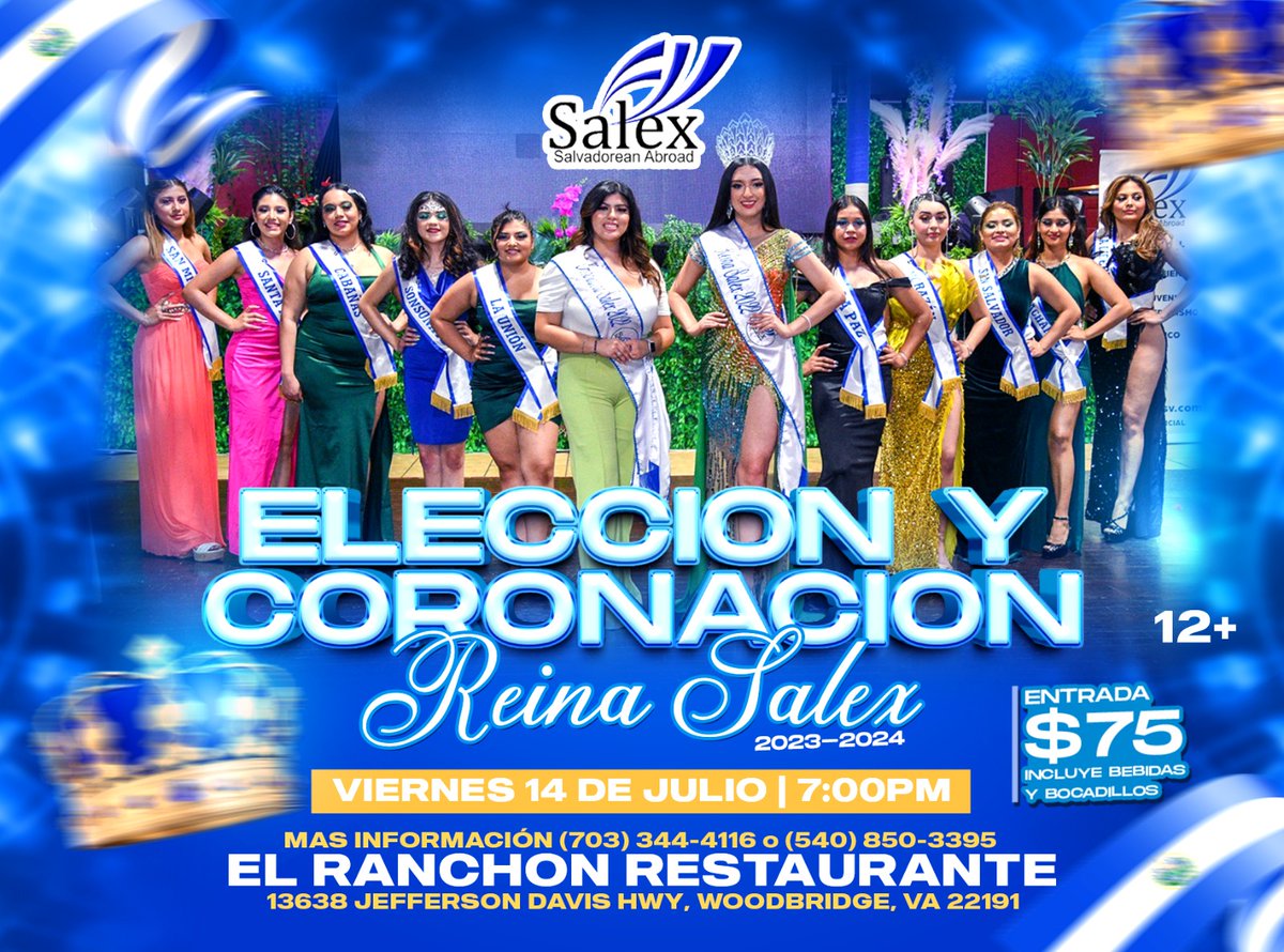 Elección de la Reina Salex 2023-2024  👑
Julio 14, 2023
7:00 PM
13638 Jefferson Davis Hwy.
Woodbridge VA 22191
salexfoundation.org/reina-salex-20…