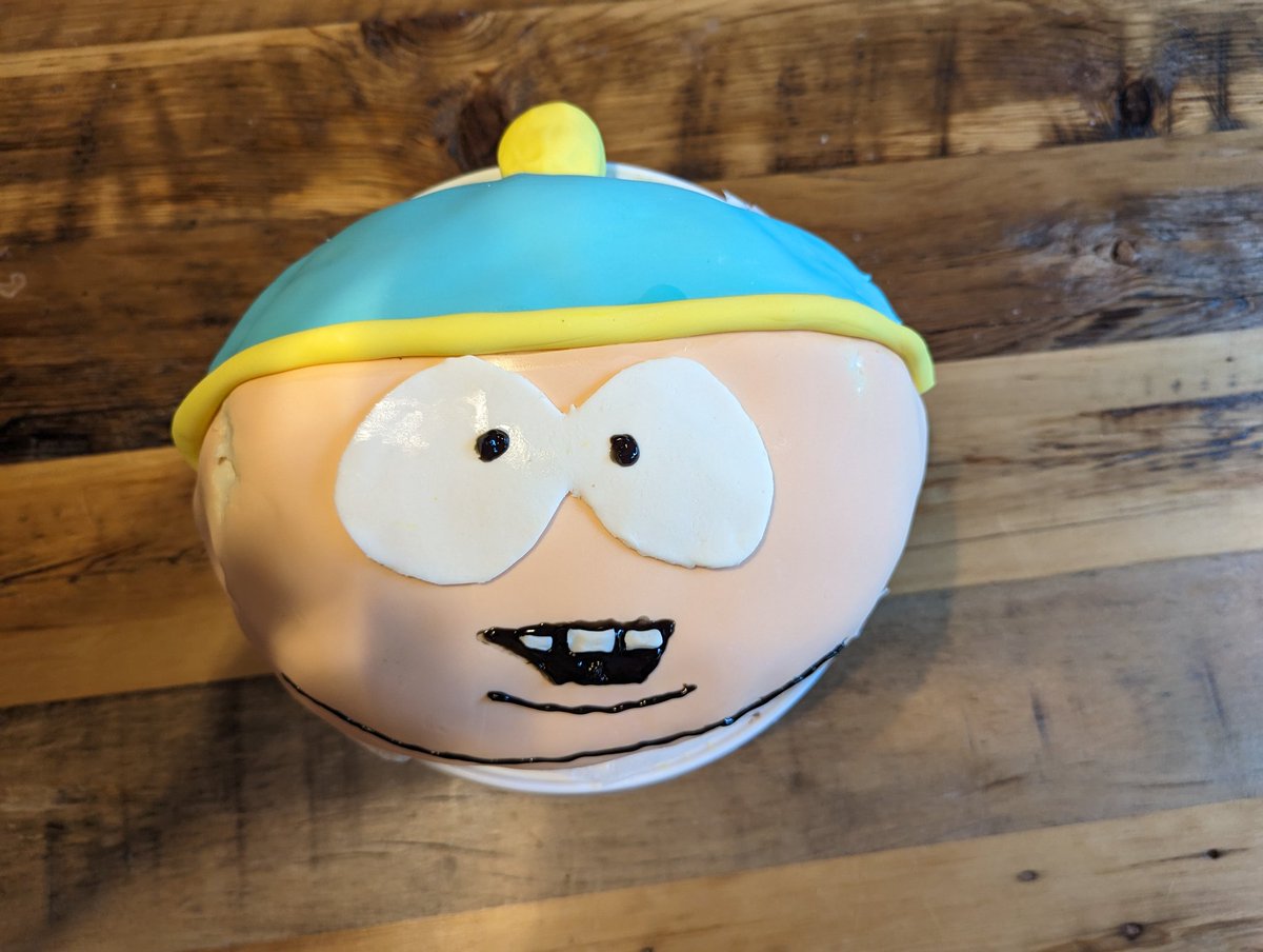 My daughter asked for a Cartman cake for her b-day. I said it should be easy thinking <a href="/funkstitch/">Rachelle</a> could do it. She called my bluff and said "Dad just volunteered to bake your cake this year!" Nailed it!