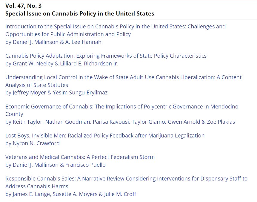 Excited that <a href="/PAQuarterly/">Public Administration Quarterly</a>'s special issue on cannabis policy in the US is out! I learned a lot working with <a href="/economic_lab/">Keith Taylor | Community Economic Development Lab</a>, @policyandpups, <a href="/ParisaKavousi/">Parisa Kavousi</a>, <a href="/GiamoTaylor/">Taylor Giamo (She/Her)</a>, &amp; Zoe Plakias to apply institutional analysis to Mendocino County's cannabis policy. paq.spaef.org/article/2085/E…