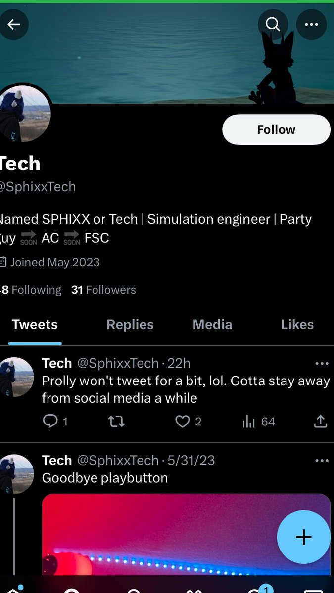 lakamokolaka's tweet photo. Spoctor Theory deleted everything in favor of his new Twitter which is interesting.

Not even trying to hide the fact it is him.

Maybe if you are going to hide don't make your fursona the icon and mention your play button? https://t.co/YUK5FJYmPy