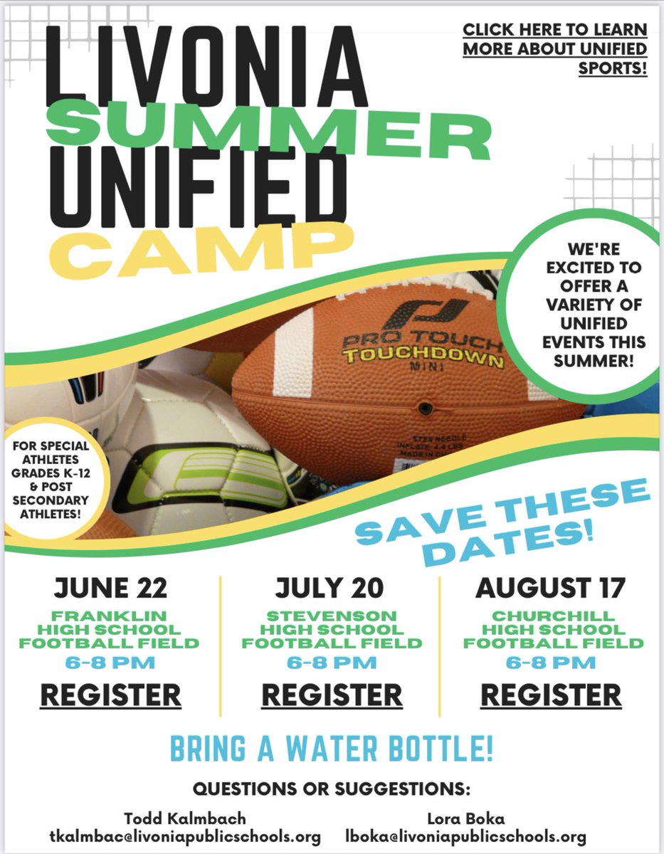 ChurchillUnify's tweet image. LPS students we have an incredible experience for you this summer! Three opportunities to learn and play many Unified Sports! Love to see you there! #LivoniaPride #CarryTheShield @CHS_Chargers @Churchillgames @LivoniaDistrict @SpOlympicsMI