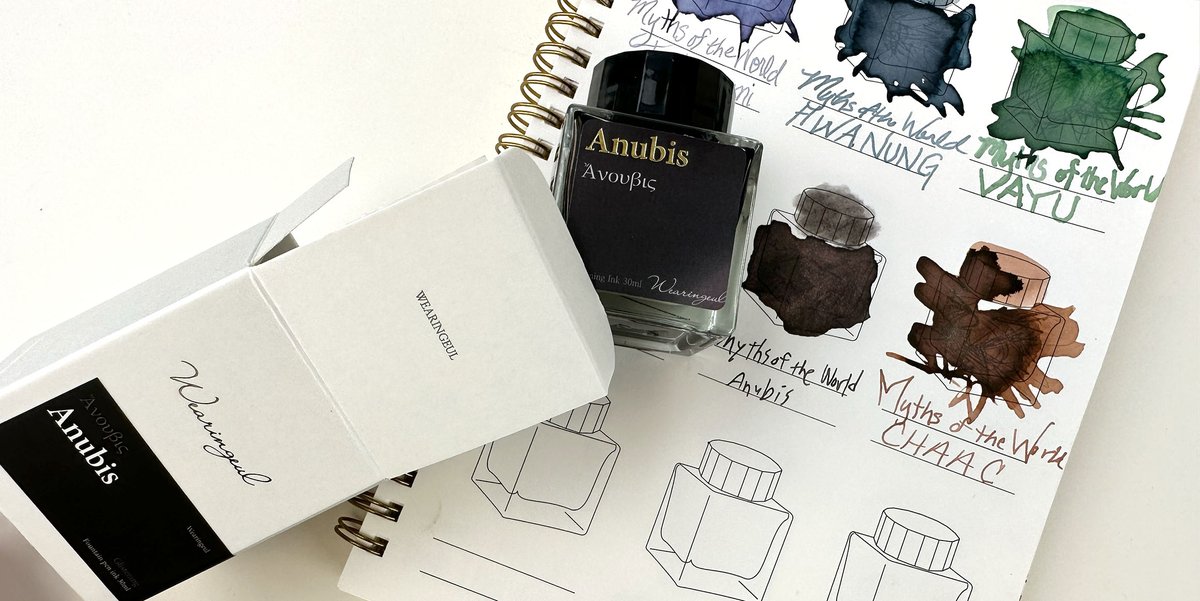 PenChalet's tweet photo. Let your words come alive on the page, guided by the essence of Anubis. Get more details about Wearingeul’s latest Myths of the World fountain pen ink release: https://t.co/MJBFjXd0Rk #ink #getinked #wearingeulink #anubis #anubisink #penchalet #newink #inkswatch #inktesting https://t.co/Hzx0WtZZY2