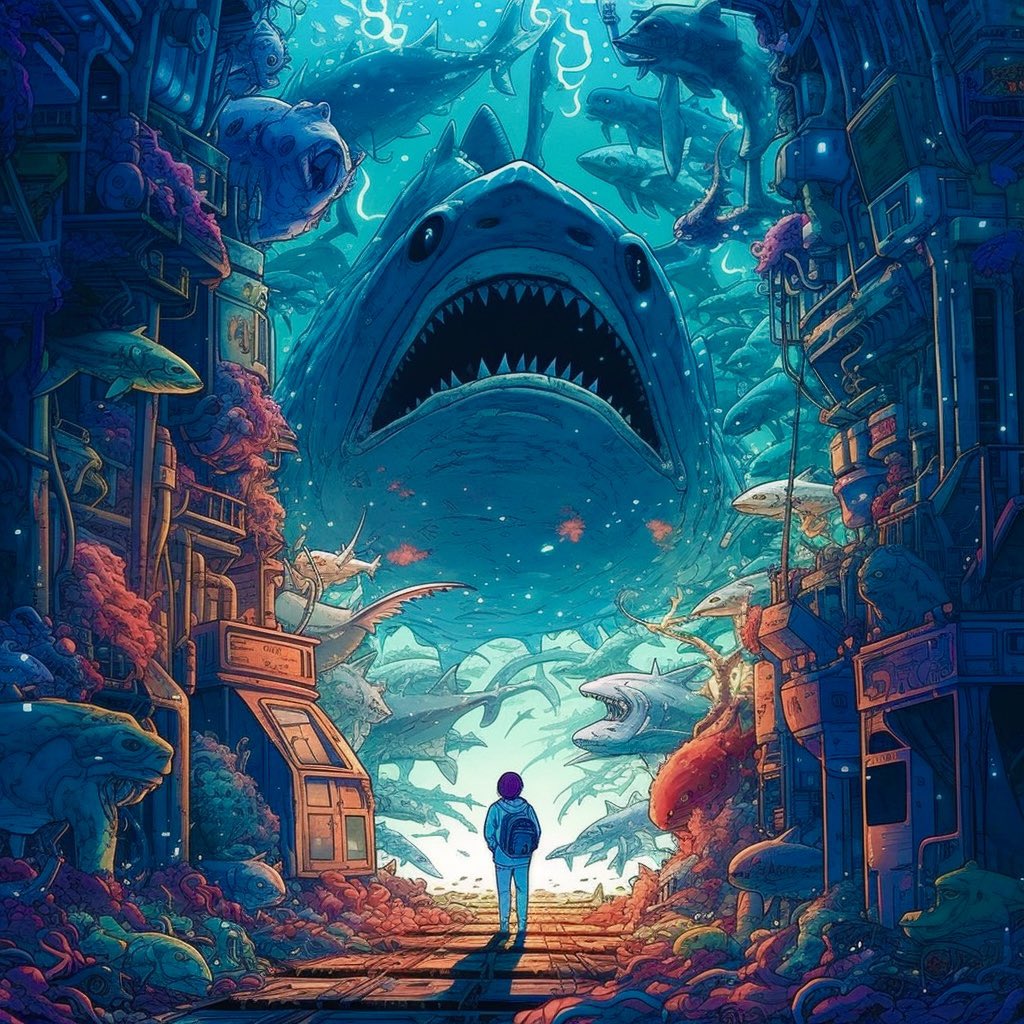 shelbystardust's tweet photo. AI PROMPT #1:

A shark requiem for a dream, reanimation, Intricate, atmospheric view, bioluminescence, sunset starry sky, vibrant colors, 2D game art, trippy https://t.co/PfGN1HmiJ1