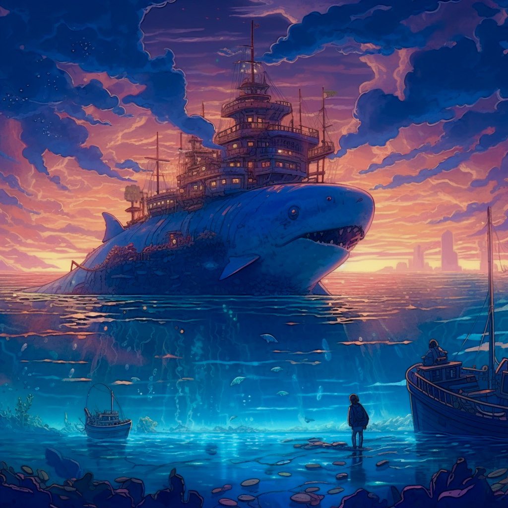 shelbystardust's tweet photo. AI PROMPT #1:

A shark requiem for a dream, reanimation, Intricate, atmospheric view, bioluminescence, sunset starry sky, vibrant colors, 2D game art, trippy https://t.co/PfGN1HmiJ1