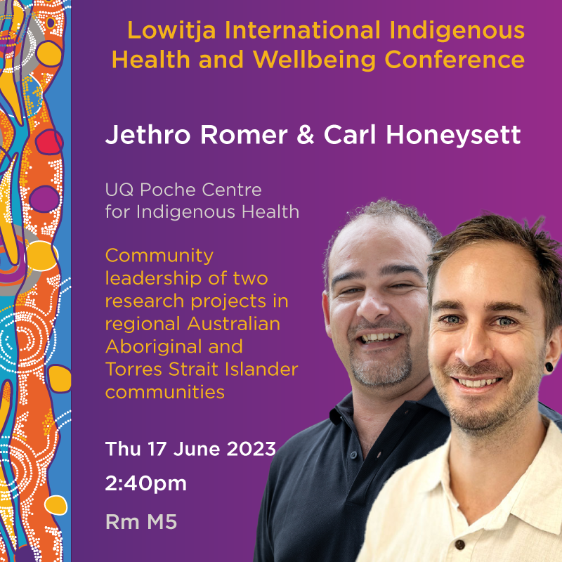 Today at the Lowitja Conference come hear our team present on the range of research for Mob that we are covering at Poche .. <a href="/sgharfield/">Stephen Harfield</a> @JanetStajic #JethroRomer #CarlHoneysett <a href="/WePublicHealth/">#LeadOnNCDs</a>
#IndigenousHealth