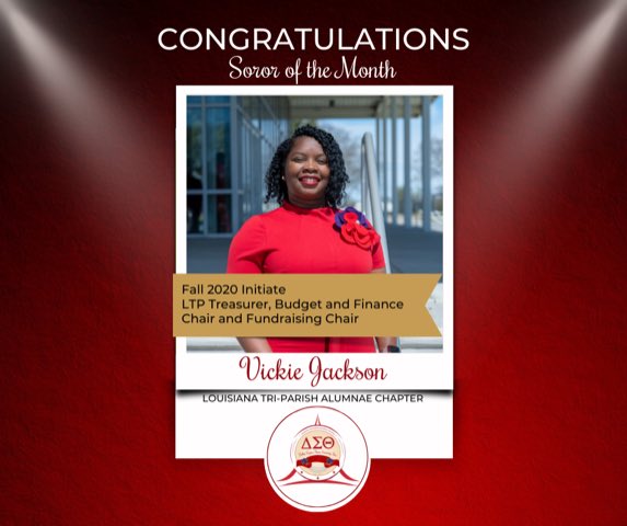 LTPDST's tweet image. Soror of the Month Vickie Jackson is a Fall 2020 initiate of LTP. She exemplifies effective leadership and sisterhood, serves as Treasurer, Budget &amp;amp; Finance Chair, Fundraising Chair, and is a member of the Cotillion and the International Awareness &amp;amp; Involvement Committee.