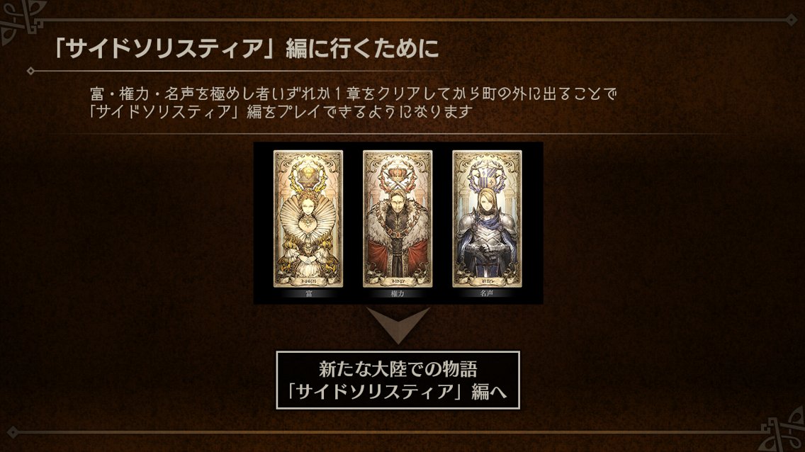 OCTOPATH_SP's tweet photo. 【v3.0.0先出し情報③：開始条件】
新たな大陸での物語「サイドソリスティア」を開始するためには、メインストーリー富・権力・名��を極めし者いずれか１章をクリアし、タウンからフィールドに出る必要があります。

#オクトラ大陸の覇者
#オクトラ質問の覇者 https://t.co/jumukRcTjU
