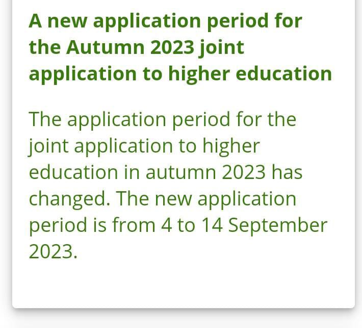 Oludeewon's tweet photo. Finland🇫🇮 autumn joint application will open again in September 2023 for just 10 days.  

Get your transcript now and prepare.  

If you missed the first application, don't miss this.  

You can get a 100% tuition scholarship and you only need about 3-4M Naira for POF. 

 RT. https://t.co/UuMsWqOaCq