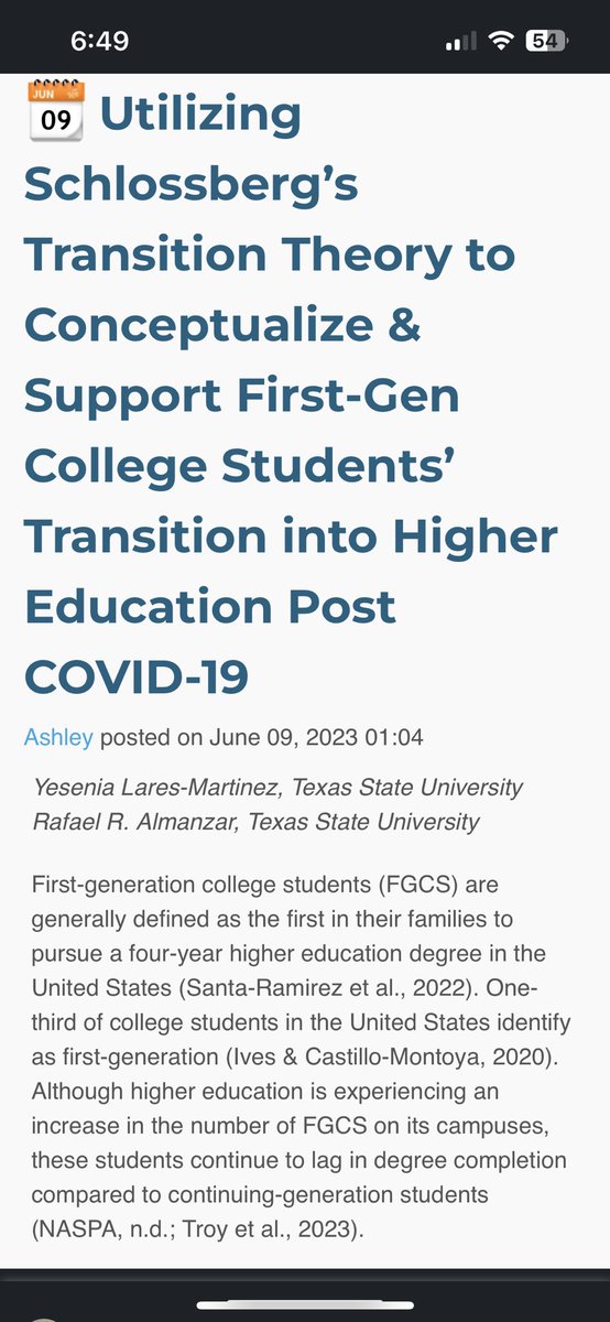 New pub alert on #firstgen #students #Schlossberg #TransitionTheory This is Yesenia (the 1st author) 1st pub. We were inspired by our work together last fall with 1st year first gen students @txst #mentoring #firstgeneration