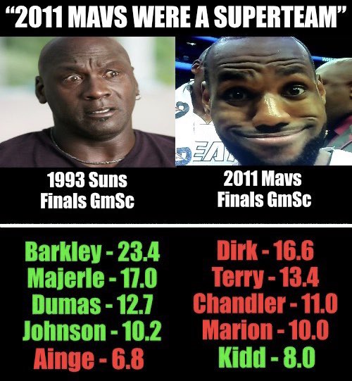 Johnny_Kilroy1's tweet photo. Bron fanboys are trying to make excuses for his 2011 loss to the Mavs lol. Now claiming they were a “superteam” &amp; far better comp than anyone Jordan ever played in the NBA Finals. 😂😂😂 https://t.co/hJbIeJHleU