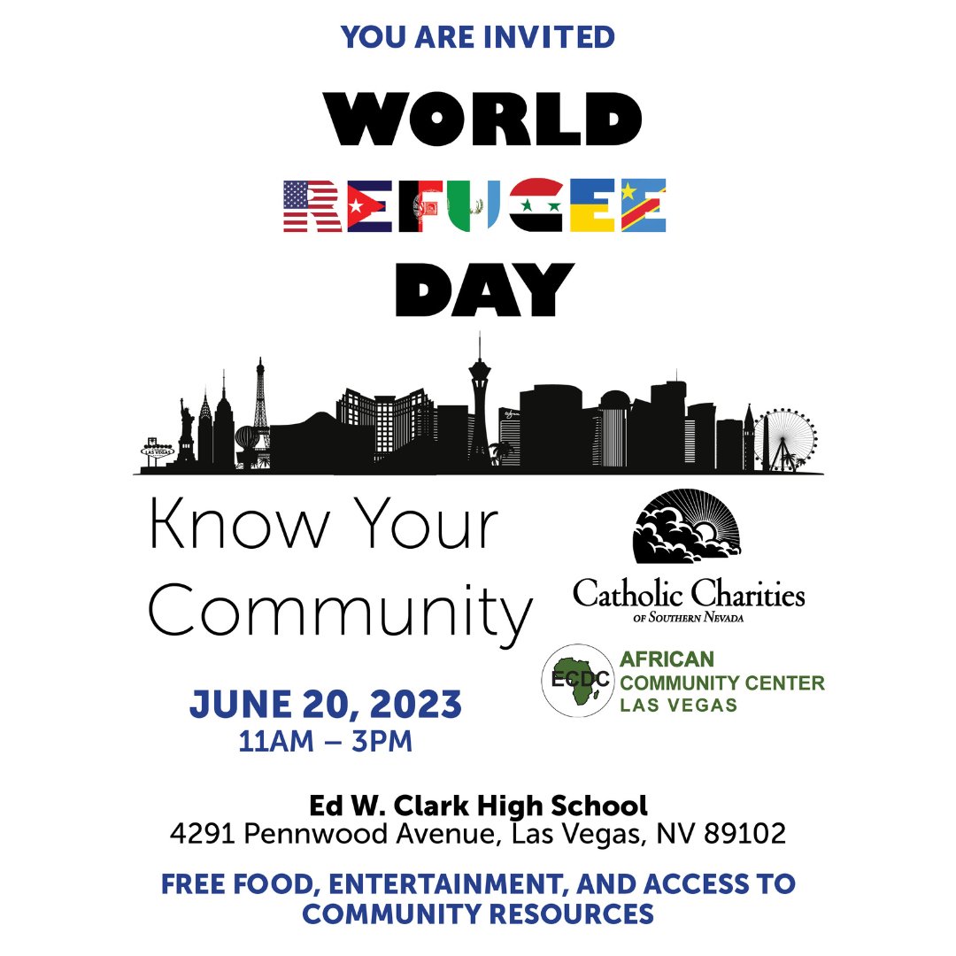 CathCharitiesNV's tweet photo. Join us as we stand together, embracing compassion and unity on World Refugee Day 💜 Enjoy free food, entertainment, and access to community services from 11 AM - 3 PM at Ed W. Clark High School. https://t.co/H9887pVi16
#RefugeeHelp #HelpRefugees https://t.co/2pgPmu7fVP