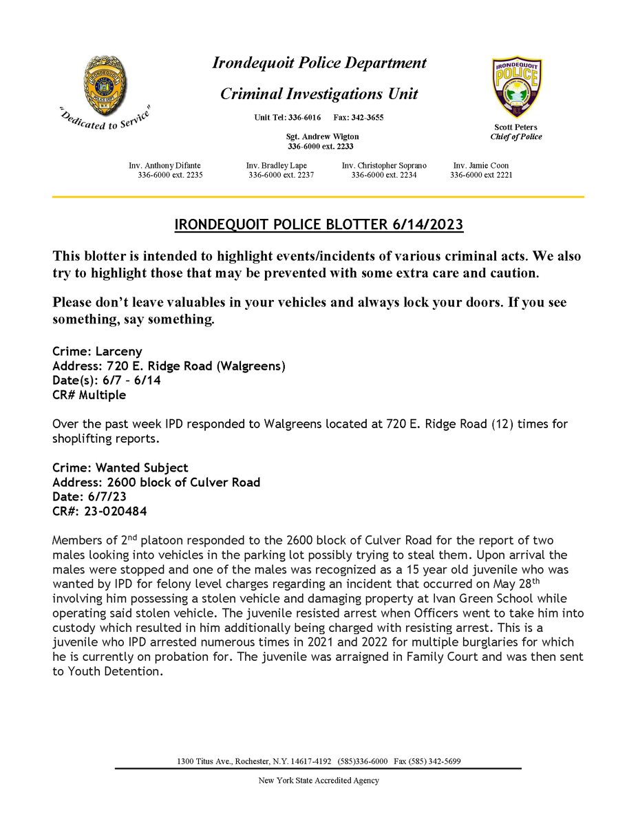 Irondequoit Police on Twitter "Irondequoit Police Department Blotter 6