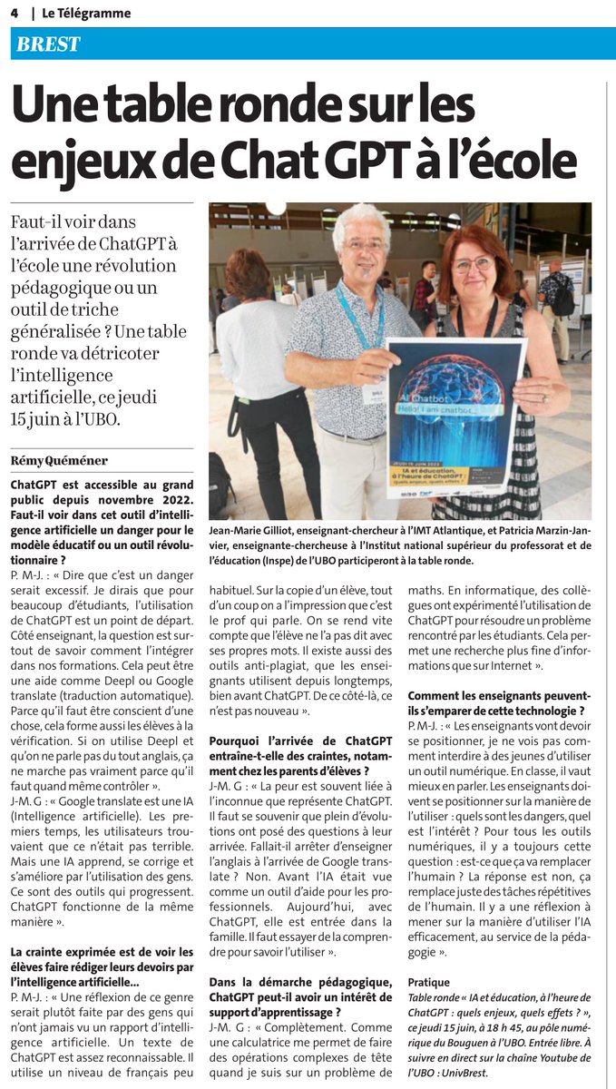 Rendez-vous à 18h45 au pôle numérique du Bouguen pour la table ronde "IA en éducation à l'heure de ChatGPT" #EIAH2023 <a href="/jmgilliot/">Jean-Marie Gilliot</a>  @ATIEF_FR <a href="/IMTAtlantique/">IMT Atlantique</a>