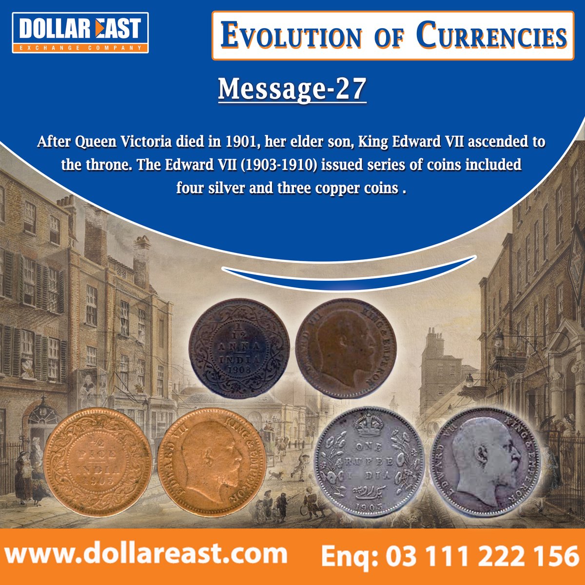 dollareast's tweet photo. After Queen Victoria died in 1901, her elder son, King Edward VII ascended to the throne. Edward VII (1903-1910) issued a series of coins including four silver and three copper coins.
#historyofcurrencies #currencyevolution #DollarEast #dollareastexchange https://t.co/M3giZq0I72