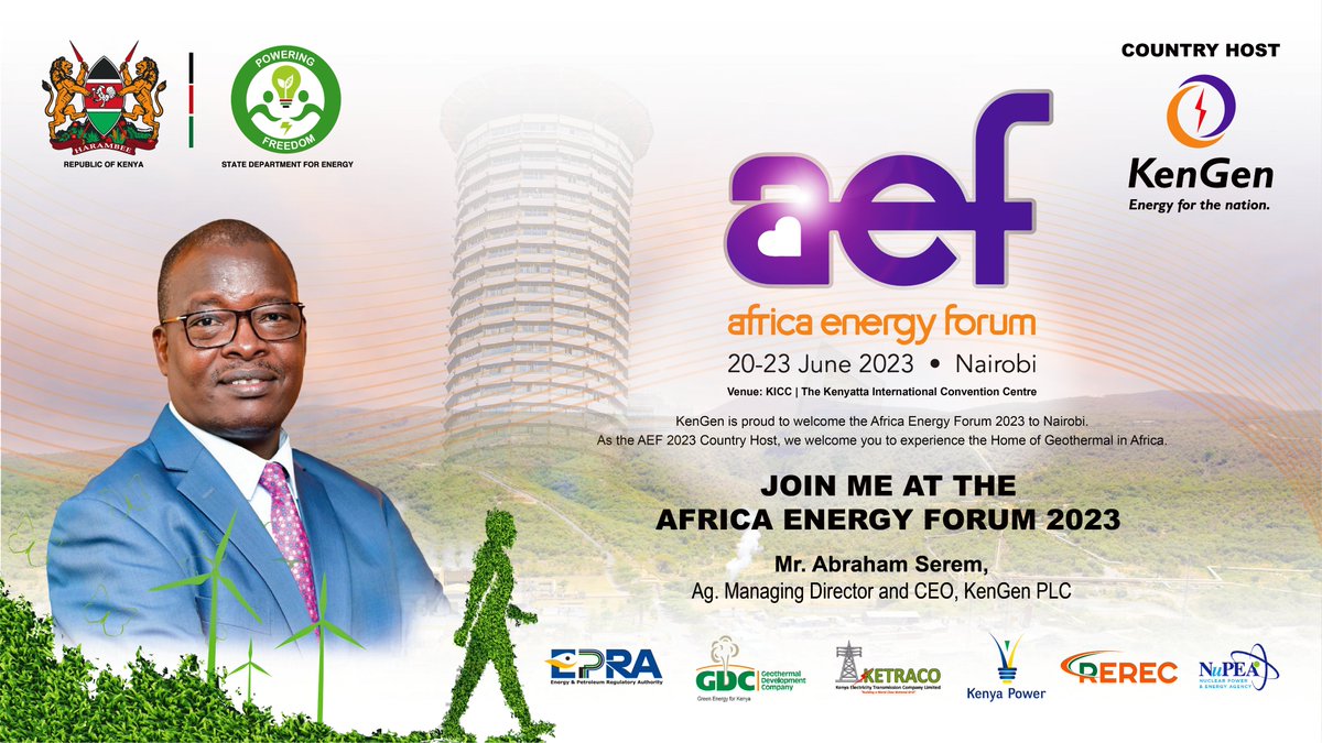 Speaking at this year's #aef23 in Nairobi, Kenya, on 20-23 June 2023, is our Ag. MD & CEO , Mr Abraham Serem. 

Welcome to #aef23, where Mr. Serem will join other leading experts in this exciting forum.

To register: bit.ly/3n3at1S 
 #GreenEnergyKE ^TK