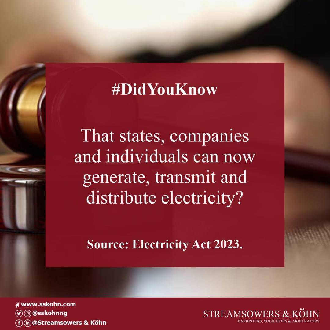 For more information, you may contact us by email at info@sskohn.com. 

#Electricity #ElectricityBill #ElectricityAct2023 #Energy #Power #ElectricalEngineering  #DidYouKnow #Facts #SSKohn  #LawFirm #LawFirmsInNigeria #Law #Barristers #Solicitors