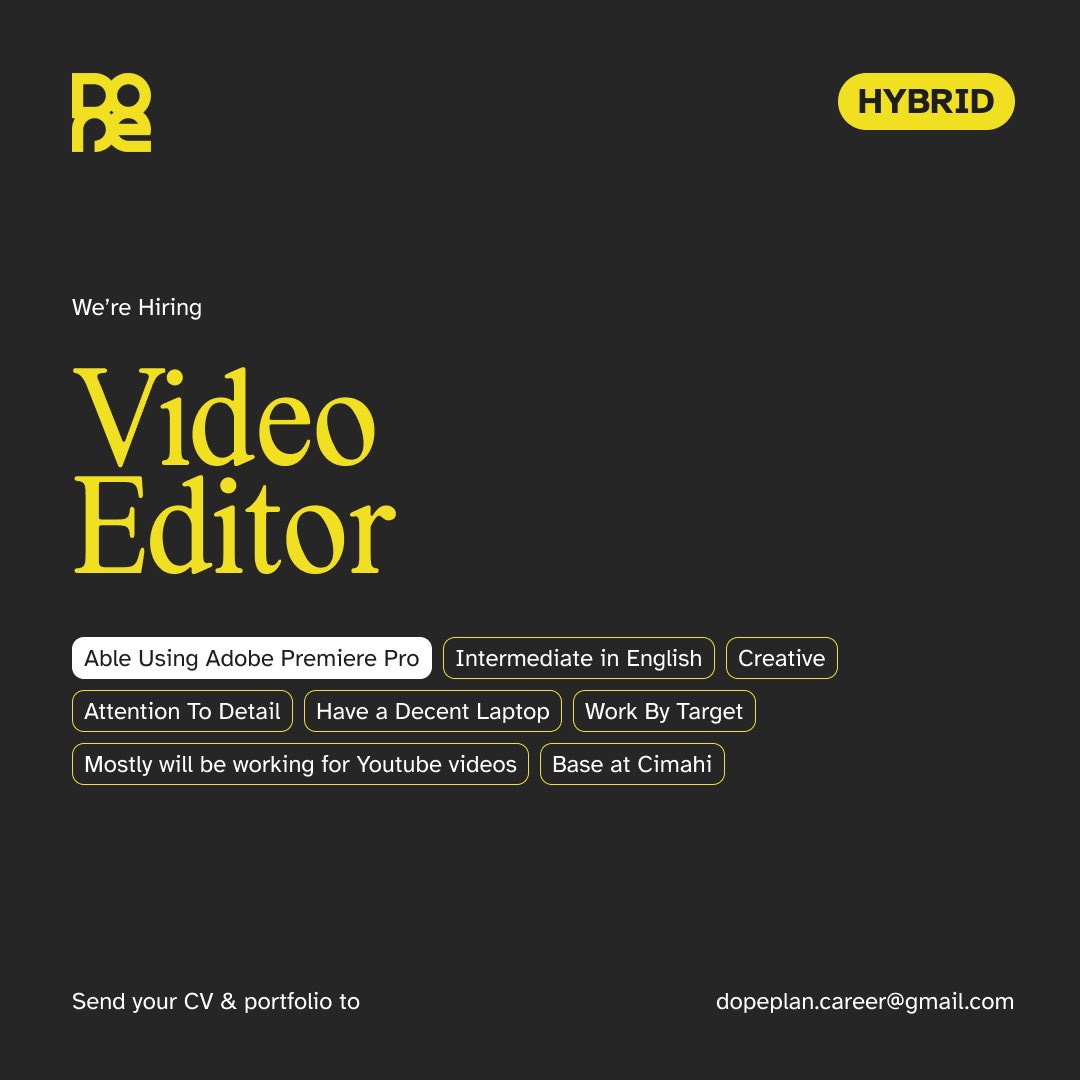 riandwil's tweet photo. halo, siapa tau ada yg tertarik kerja di startup digital agency kita

Dopeplan lagi ada loker Scriptwriter &amp; Video Editor buat yg berdomisili di Cimahi/Bandung.

kalo temen temen ada yg minat bisa kirim cv &amp; portfolionya ke email atau mau nanya dulu bisa langsung dm aja☺️
#Loker https://t.co/Q7NMeV23dI