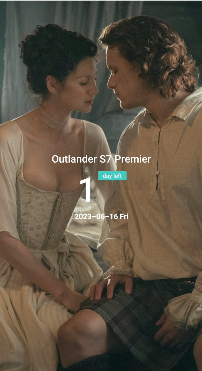 1 day to 
#OutlanderS7premiere
#Outlander    
#JamieFraser @SamHeughan 
#ClaireFraser @caitrionambalfe 
@Outlander_STARZ @Writer_DG 

1 DAY ONLY 1 DAY!!

If you have @STARZ App you can see at midnight! 
I.WILL.BE.THERE.