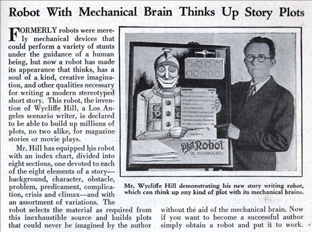 Earliest reference to a "robot story generator" that I know of is this article in Popular Mechanics, 1931