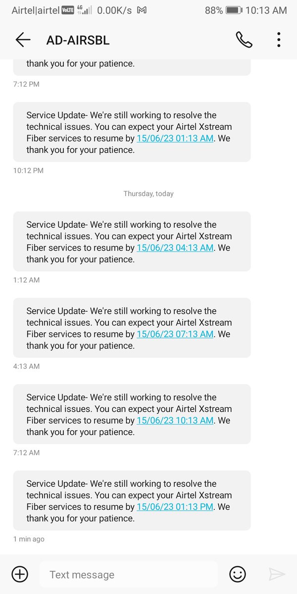 mht_dhiman's tweet photo. @Airtel_Presence @airtelindia  it's more than 16 hours but still your internet service not restore. After few hours again and again sending message our team working on. Have you think about who those are working from home. Do you have any TAT? https://t.co/NKEhFo3MUR