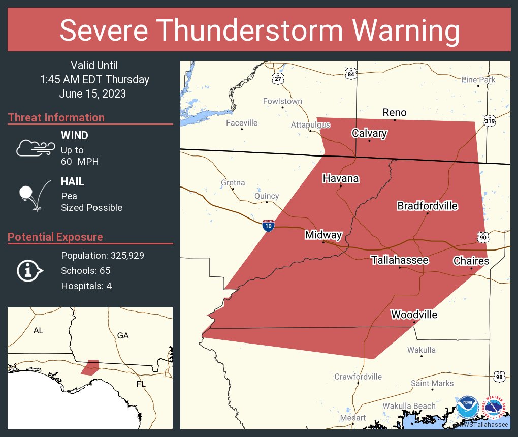 Severe Thunderstorm Warning including Tallahassee FL, Midway FL and  Woodville FL until 1:45 AM EDT