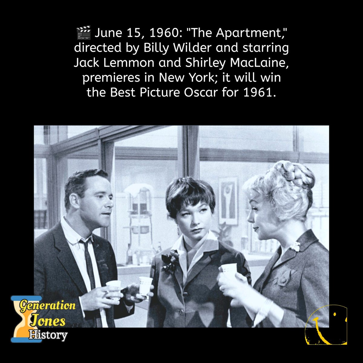 🎬 June 15, 1960

#TheApartment #BillyWilder 
#JackLemmon #ShirleyMacLaine #bestpicture #history #ushistory #1960s #film #movies #society #entertainment 
#generationjones #generationx #babyboom