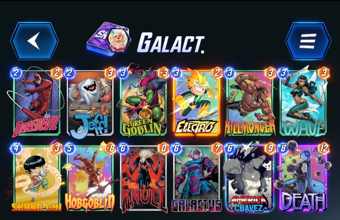 Turns out Galatus isn't dead. Climbed pretty much exclusively with Galactus (94 before rework.) List isn't perfect but feels flexible and relatively consistent. If you weren't on DD before hes a must now imo. #MarvelSnap <a href="/SnapDecks/">SnapDecks</a>
