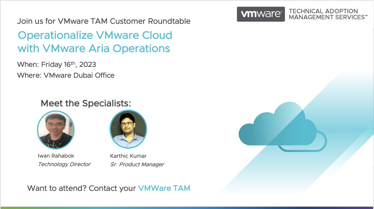 VPhilipose's tweet image. If you are a #VMwareTAM customer in UAE, you should not be missing this TAM Customer Roundtable #TCR with @e1_ang @karthicobla on simplifying #vmware #Cloud Operations with @VMwareAriaOps @VMwareCXS #VMware_ME