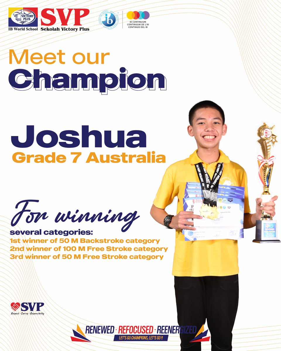 Meet our champion, Joshua!

He participated in the Kejuaraan Renang DKI and managed to win several categories.

Congratulations!

#education #ibschool #ib #internationalbaccalaureate #ibworldschool #secondaryschool #ibmyp #swimmingcompetition #sekolahvictoryplus #svp