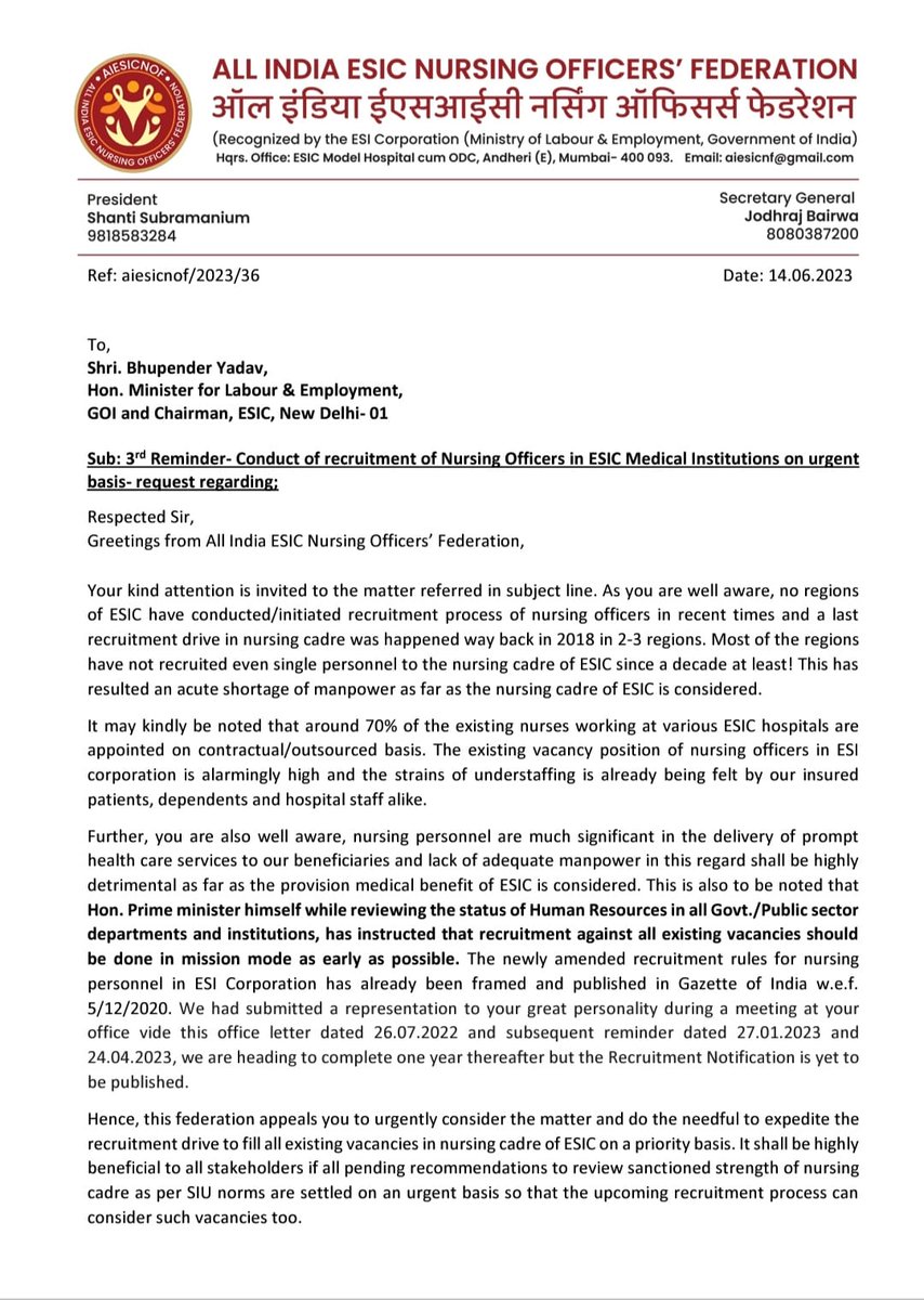 aiesicnf's tweet image. 3rd reminder submitted to Hon. Union Minister for @LabourMinistry and the DG
@esichq to expedite the Recruitment Drive for the #nursingofficers in #ESIC in &quot;mission mode&quot; as early as possible.  
#missionmoderecruitment #nursingofficersrecruitment2023 #RozgarMela  
Sh.@byadavbjp