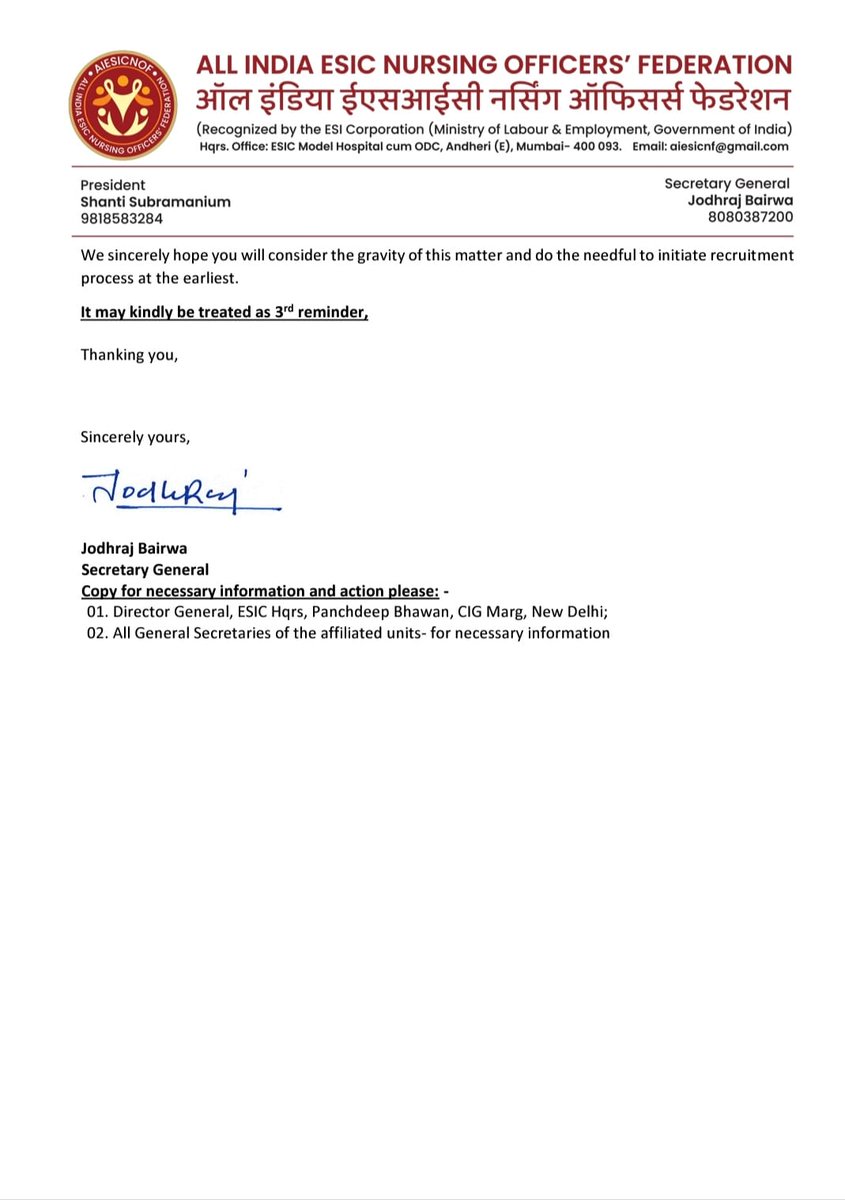 aiesicnf's tweet image. 3rd reminder submitted to Hon. Union Minister for @LabourMinistry and the DG
@esichq to expedite the Recruitment Drive for the #nursingofficers in #ESIC in &quot;mission mode&quot; as early as possible.  
#missionmoderecruitment #nursingofficersrecruitment2023 #RozgarMela  
Sh.@byadavbjp
