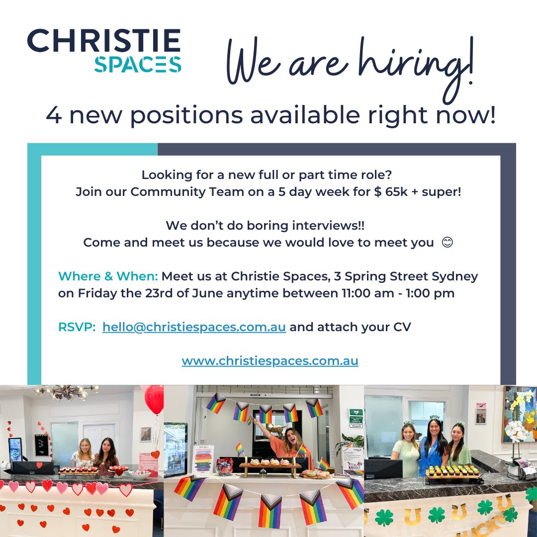 Looking to start a new career in administration or commercial real estate? We're hiring! Come to our open day in Sydney to find out more about our available positions.
#ChristieSpaces #Coworking #Hiring #NewJob #NewOpportunity #Career #NewCareer #CareerOpportunity #SydneyJobs