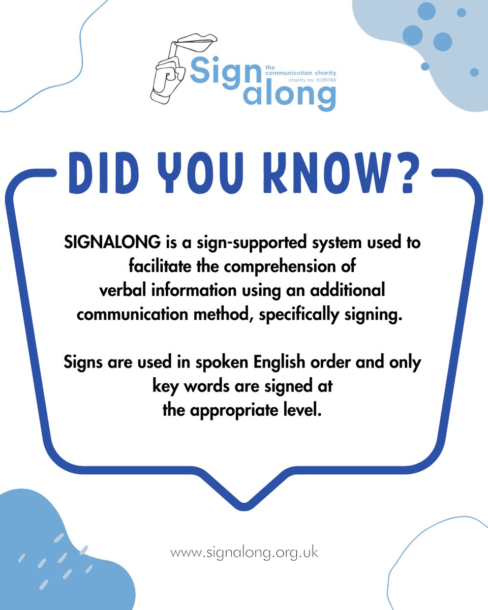 Signalong's tweet photo. Signalong are used in spoken word order to help facilitate speech and encourage communication.

If you are deaf or hard of hearing, we recommend that you seek advice and support for using BSL from the appropriate organisations

#SignalongCharity #SignSupport #SALT #SEN #Autism https://t.co/UqfshB2Yml