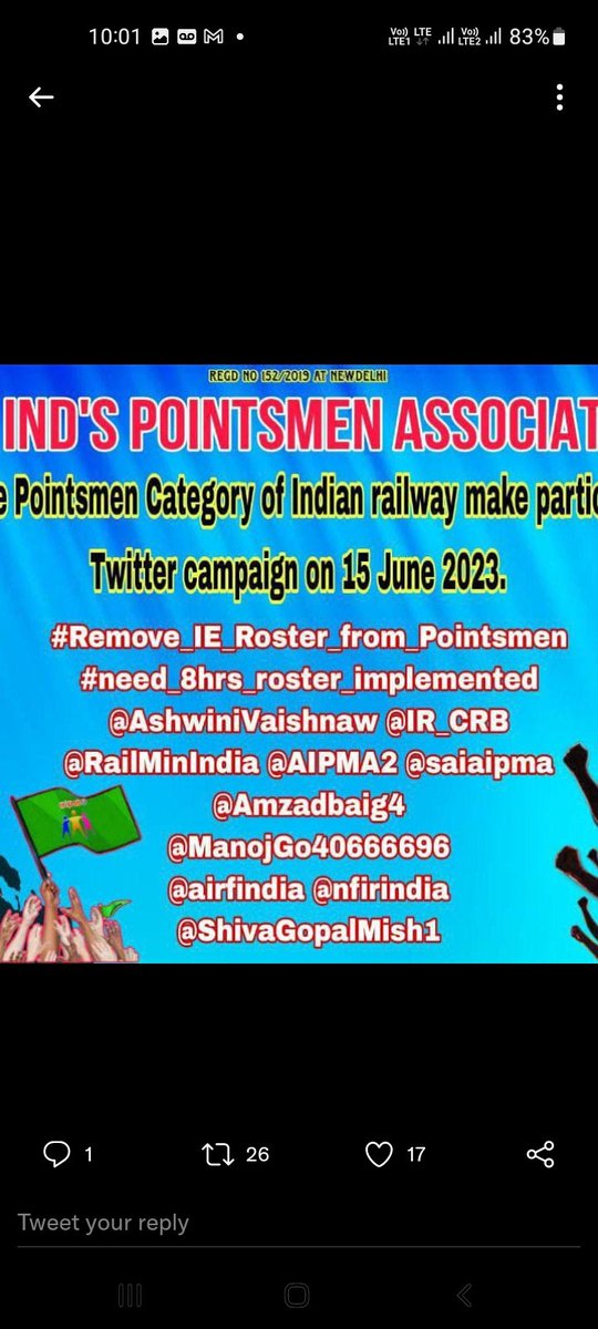 adi_sxna's tweet photo. #Remove_EI_Roster_from_Pointsmen 
#need8hrs_roaster_implemented
@AshwiniVaishnaw 
@IR_CRB 
@AIPMA
@AIPMA2
@airfindia 
@nfirindia
@ShivaGopalMish1 
@Amzadbaig4 
@saiaipma 
@PMOIndia 
@drm_fzr 
@ManojGo40666696 
@RailMinIndia 
@FinMinIndia https://t.co/3m5MBbuSdC