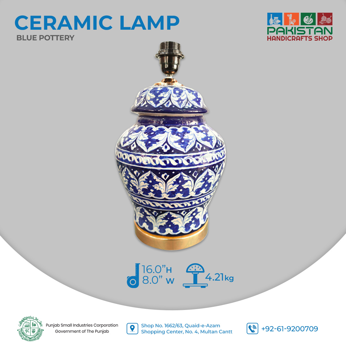 With its stylish aesthetics, the blue pottery lamp is set to be the center of attention in any interior. 

#pakistanhandicrafts #PakistaniArtisans #handmadeinPakistan
#PakistaniCraftsmanship #TraditionalPakistan #CraftsOfPakistan #MadeInPakistan