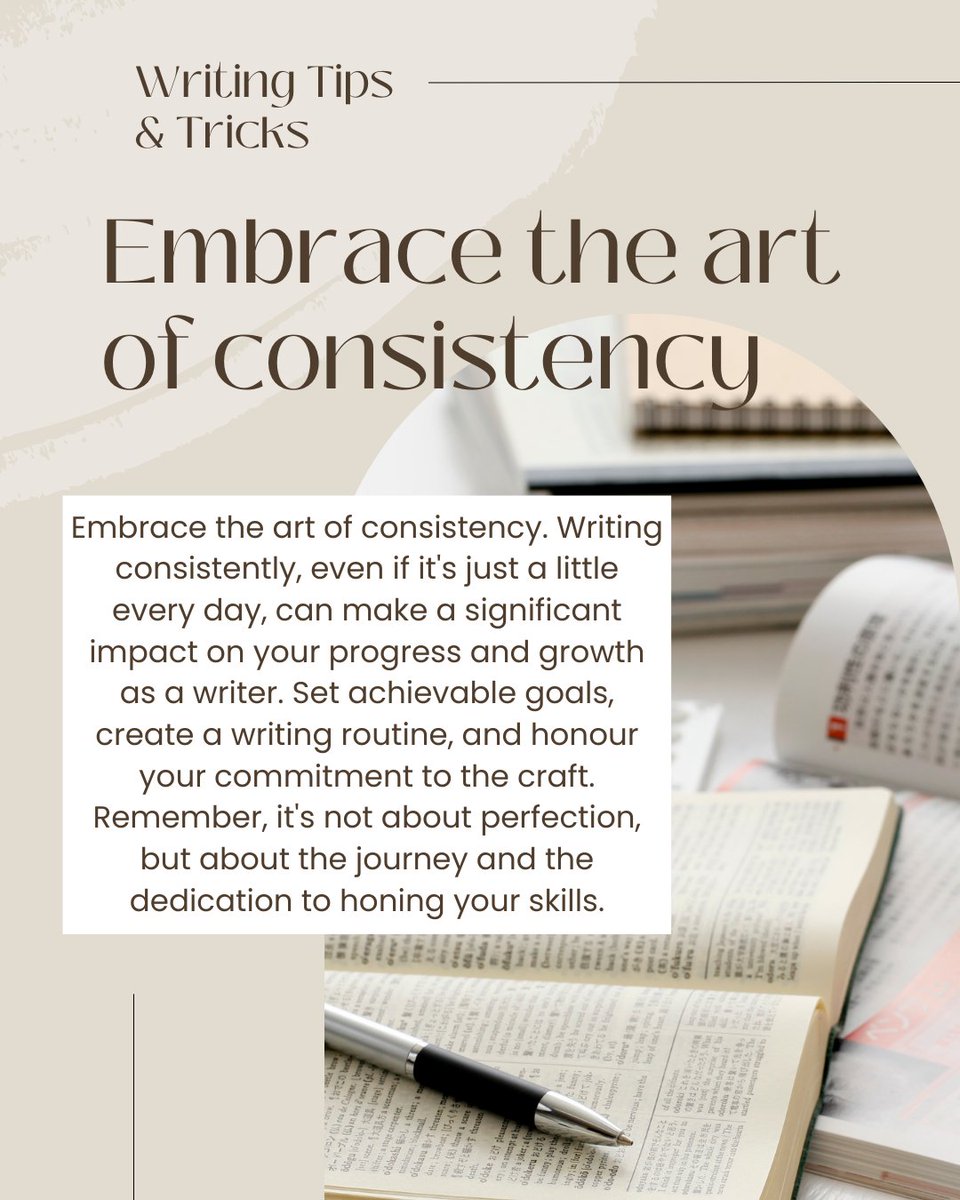 Embrace the power of consistency in your writing journey. Set achievable goals, establish a writing routine, and make writing a part of your daily life. Each word you write, no matter how small, is a step forward #writingtips #Writer #writinggoals #writingtip #writersoftwitter
