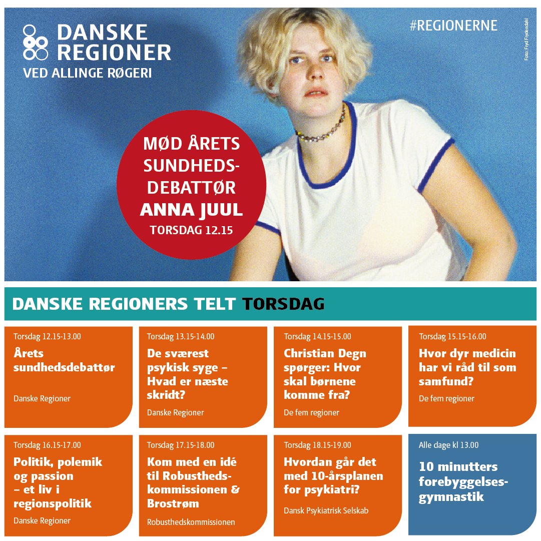 Velkommen til første dag på Folkemødet!
Kom til vores spændende debatter  i regionernes telt ved Allinge Røgeri. 
27 debatter i dag og de næste to dage. 
Se dagens program herunder. 
Hver dag kl. 13 desuden 10 minutters gymnastik🙂
folkemoedet.dk/organizers/dan…
#fmdk #sundpol #dkgreen