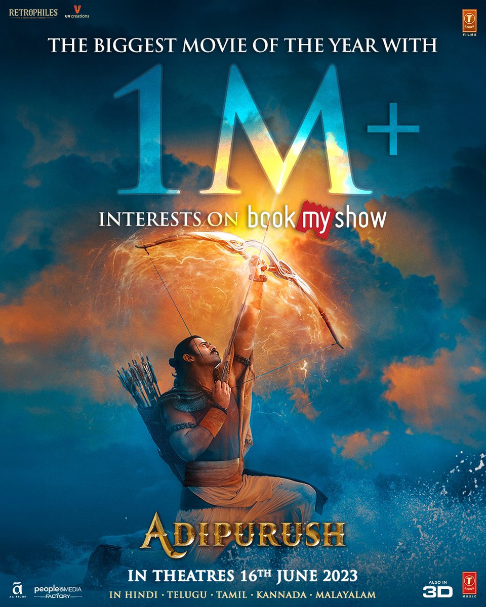 Offladipurush's tweet photo. The epic saga continues to conquer the hearts of many! ♥️ Grateful for the 1 million+ interests on @bookmyshow
Jai Shri Ram 🙏

Book your Tickets on: https://t.co/dYExddodwB

#Adipurush in cinemas tomorrow ✨

#Prabhas @omraut #SaifAliKhan @kritisanon @mesunnysingh #BhushanKumar #KrishanKumar @vfxwaala @rajeshnair06 @DevdattaGNage @AjayAtulOnline @sachet_tandon @ParamparaTandon @SachetParampara @manojmuntashir #ShivChanana @neerajkalyan_24 @TSeries @Retrophiles1 @UV_Creations #Pramod #Vamsi @AAFilmsIndia