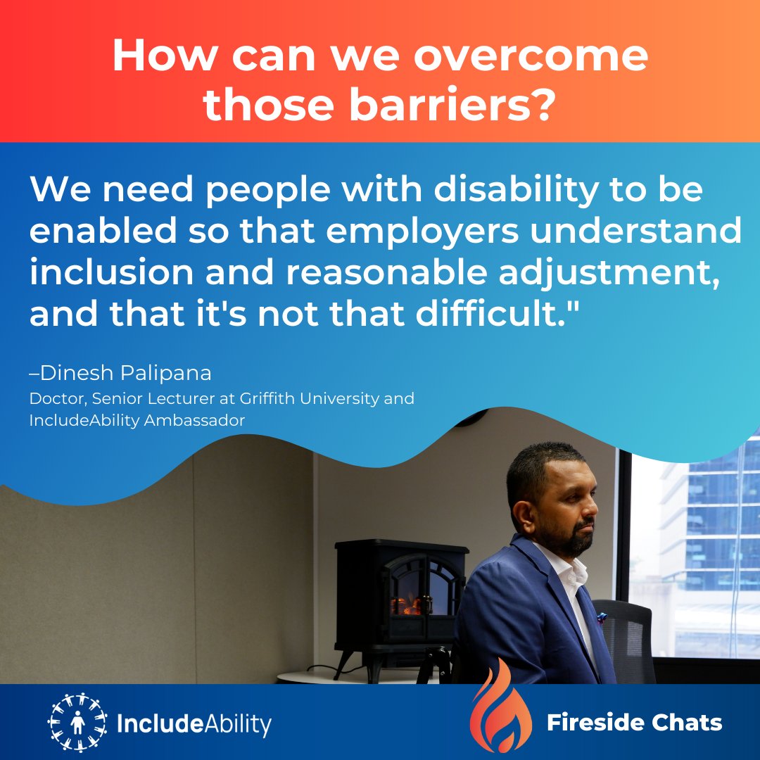 In this week's Fireside chat post, @traceycm74 and Dr Dinesh Palipana discuss barriers to disability employment and how we can overcome those barriers!

To find out more about the chats, see: includeability.gov.au/fireside-chat-…

#IncludeAbility #FiresideChats #DisabilityEmployment