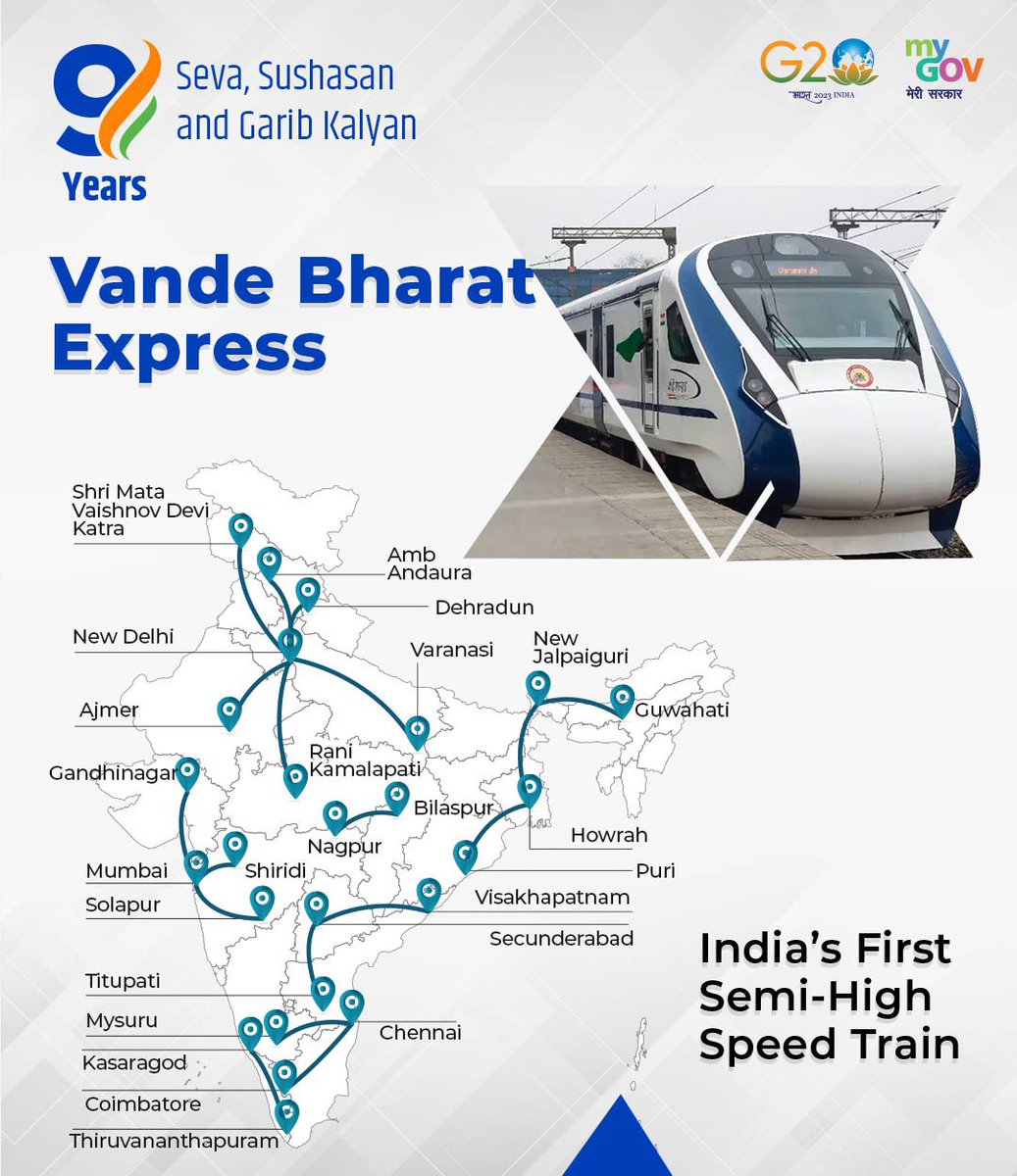 PM Shri @narendramodi Ji's incredible vision & #AatmaNirbharBharat’s very own #VandeBharat Express crossing borders, breaking barriers and bringing ‘Ease of Travel’ with great comfort for the citizens.

#9YearsOfGatiAndPragati 
#9YearsOfEaseOfBusiness