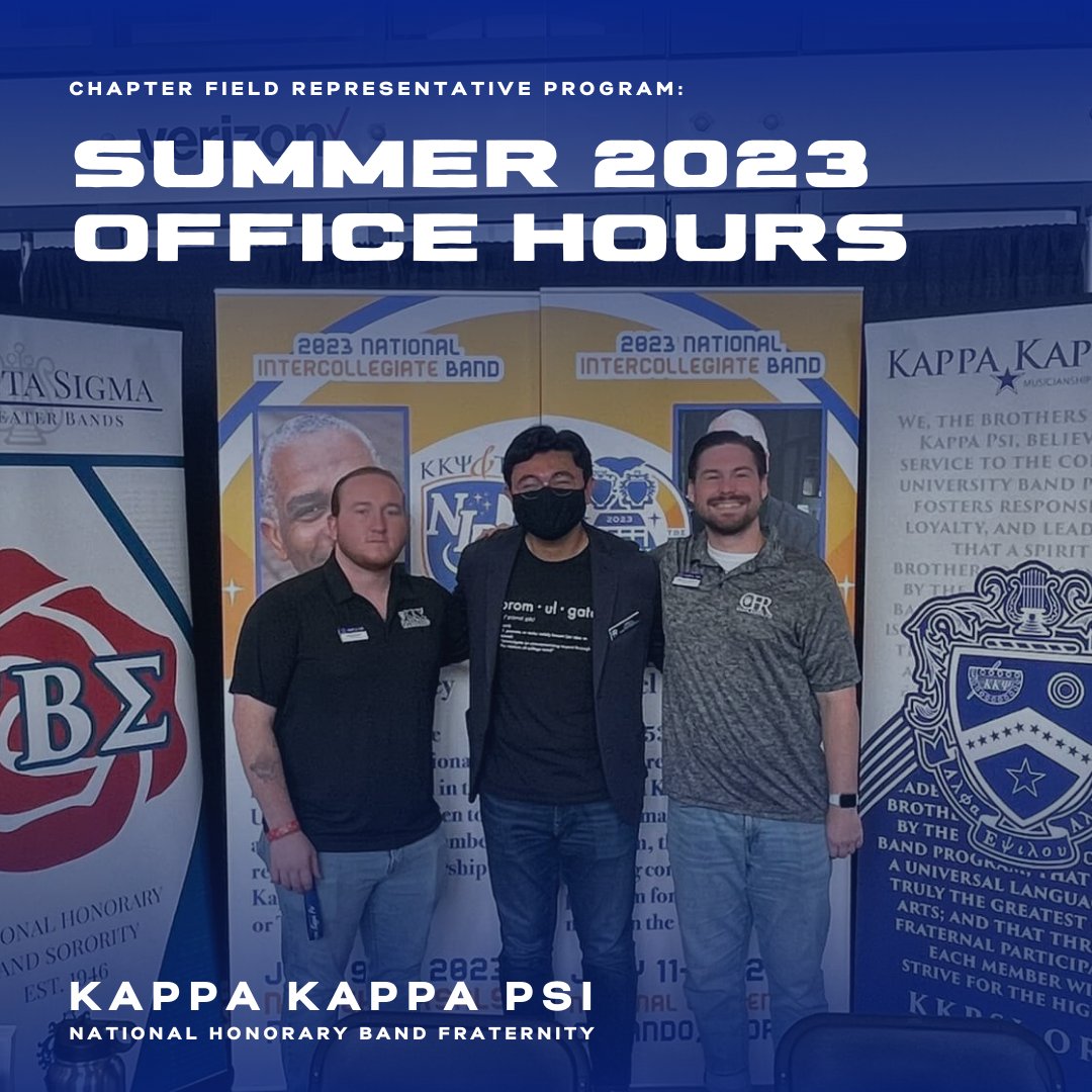 KKPsiWD's tweet photo. Brothers,

Our Chapter Field Representatives are offering summer office hours! This is a fantastic opportunity for yourself or chapter members to meet with the CFRs, ask questions, gain insight, and more!

Google Form Link: https://t.co/NJm2oi4Soo https://t.co/JCRzfVVM63