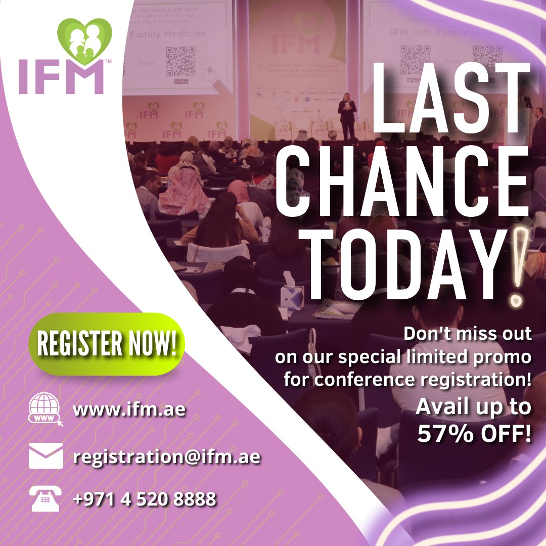 IFMDubai's tweet photo. LAST CHANCE TODAY!!! Act Fast and Register now with your promo codes. https://t.co/H5vHcox0dj
#IFMdubai #FamilyMedicine #HealthcareEvent #LimitedPromo #Conferencepromo #conferenceregistration #superearlybird https://t.co/1Vm51YMnwV
