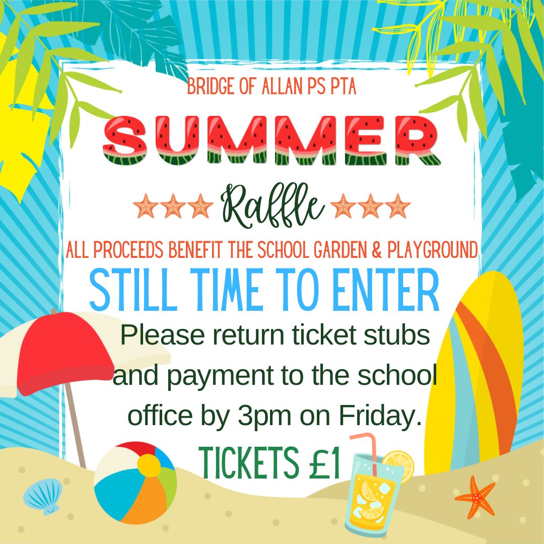 ☀️🍦STILL TIME TO ENTER🍦☀️ 
If you haven’t purchased tickets for our Summer Raffle there is still time to enter. Lots of fantastic prizes. 
Please return ticket stubs &amp; payment to school office by 3pm Friday. 
Unused tickets? Please also return to the school office. Good Luck!