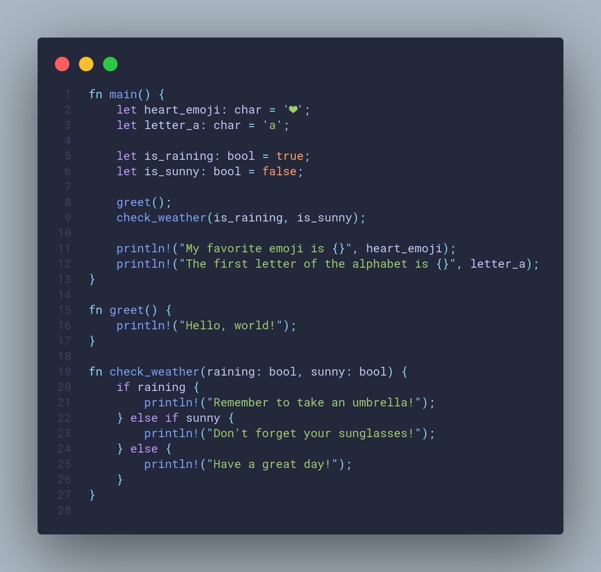 🦀 Day 3 of #100DaysOfCode in #RustLang 📚
Learned about char, bool, and unit in Rust. 🌟

char: Letters, symbols, and emojis. 🌍✨

bool: True/false for logic. 🚦✅ 

unit: Like void, no return value. ⚙️🔧🚀

#RustLearningJourney #CodeNewbie 💻