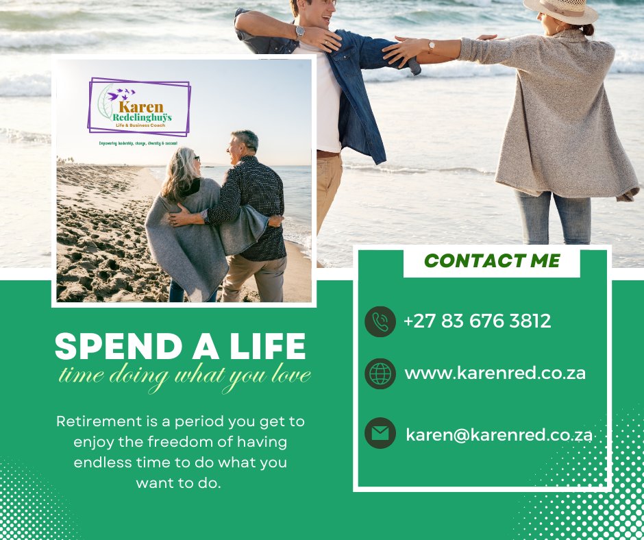 #ThoughtfulThursdays
What does retirement mean to you?🤔💭Retirement is a period you get to enjoy the freedom of having endless time to do what you want to do.

Experience the joy of your retirement productively!
+27 83 676 3812  
#life #karenred #life #coaching #plan #bucketlist